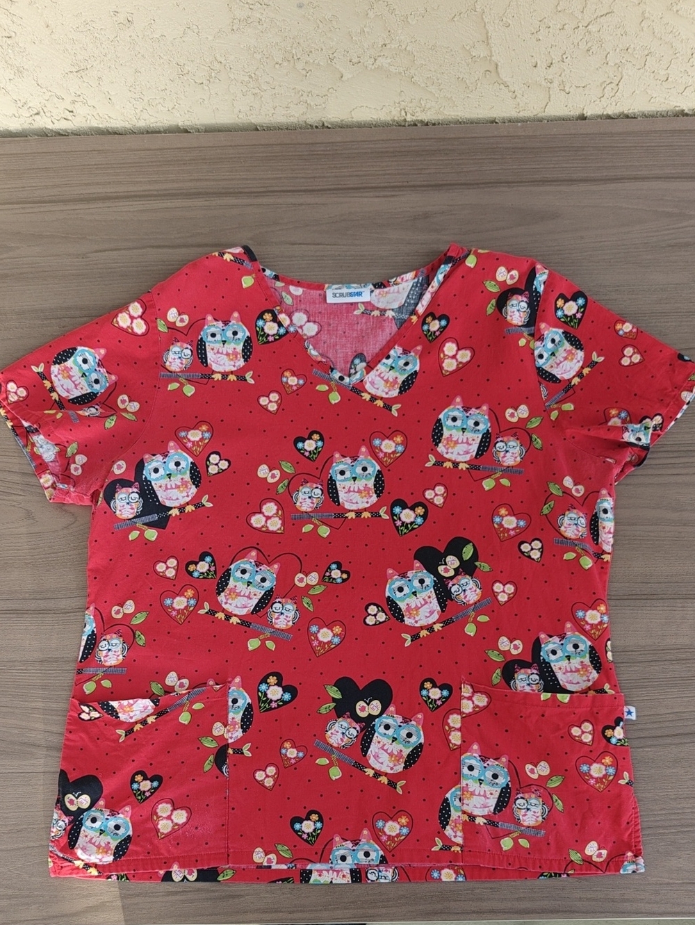 ScrubStar Owl Print Short Sleeve Top in Red